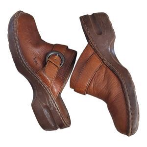 b.o.c. Born Concept Womens Saddle Tan Brown Leather Slip On Wedge Clog Mule sz 8